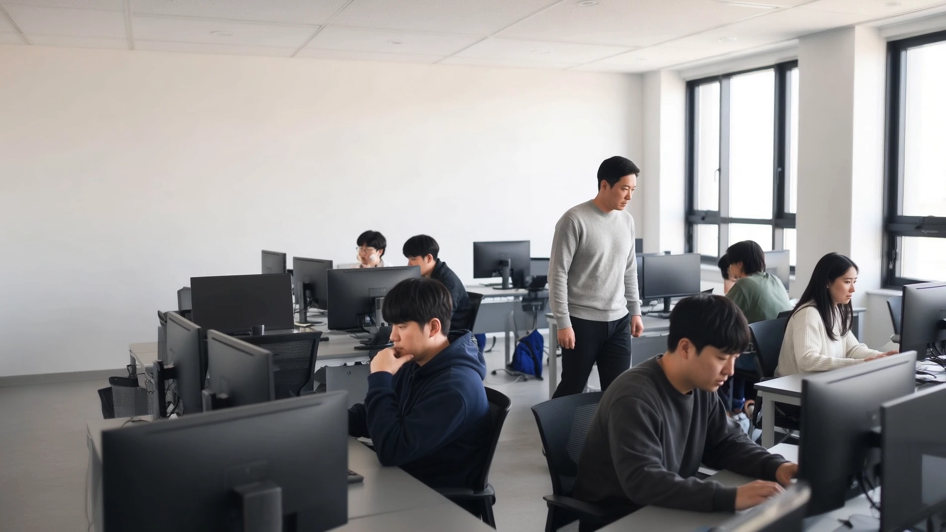 컴퓨터 실습 중인 학생들과 교사, 교실 콘셉트 이미지