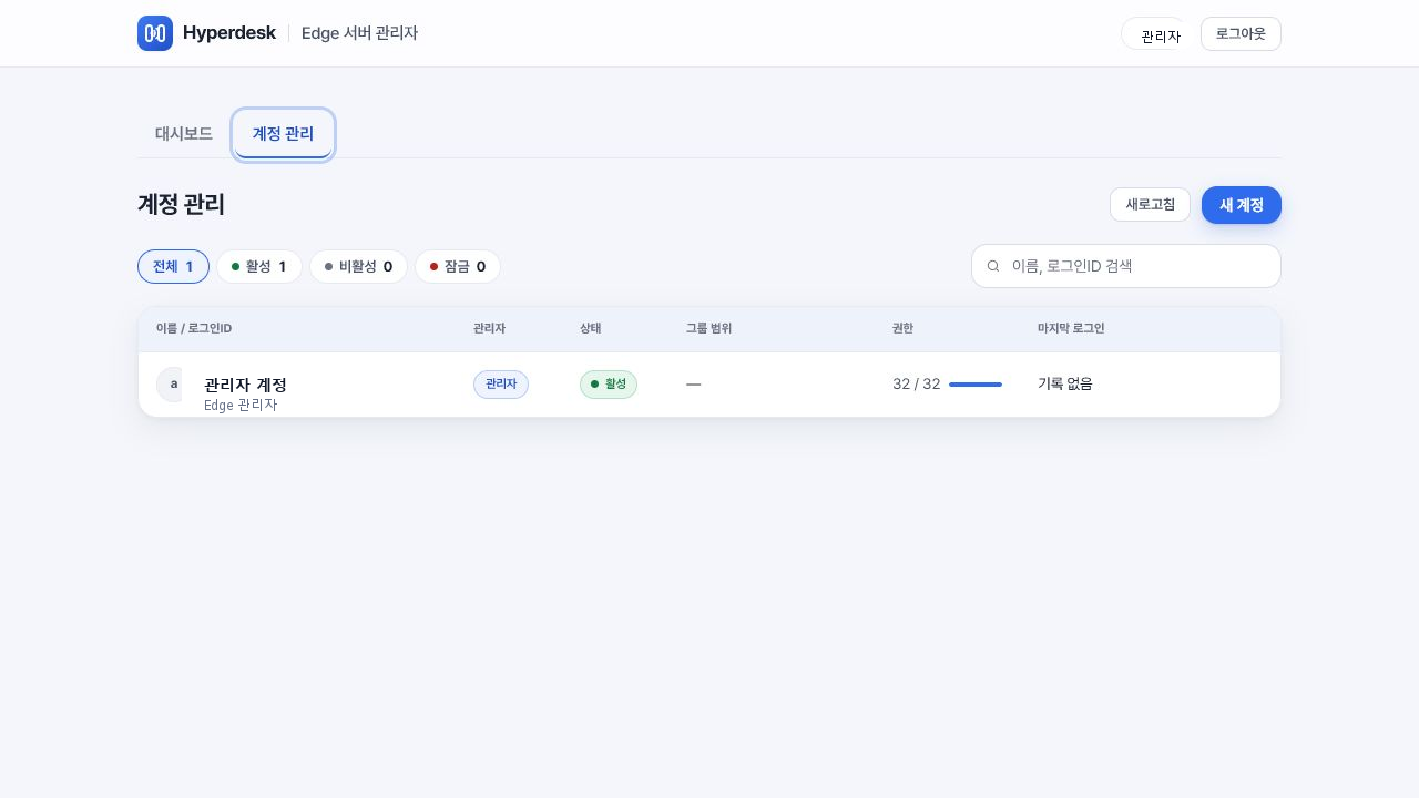 Edge 관리자 계정 관리 화면