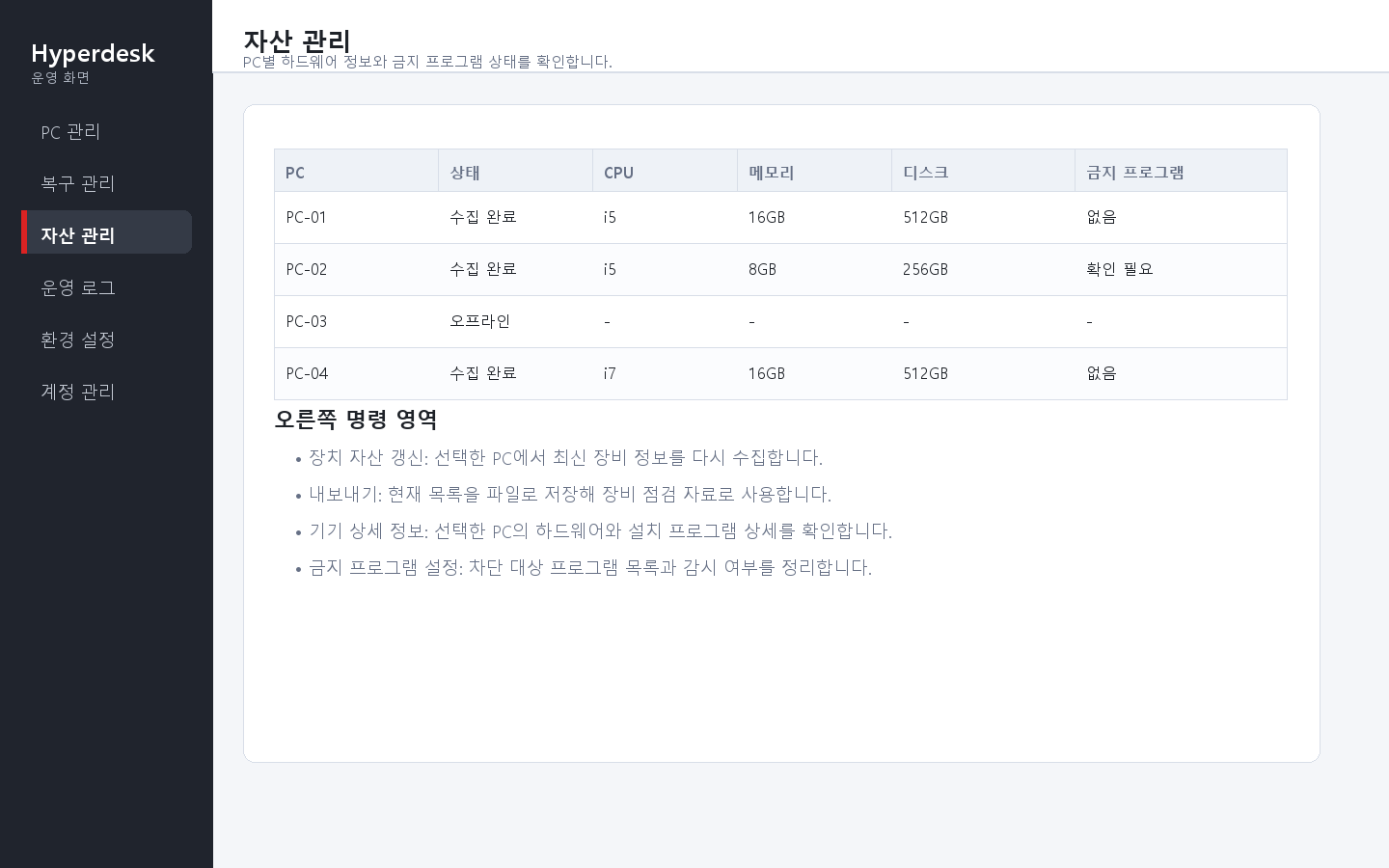 Manager 자산 관리 화면